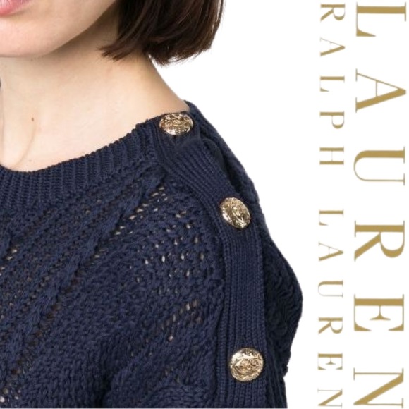 NWT $155 Lauren Woman Aran-Knit Cotton Navy Blue - Picture 10 of 11